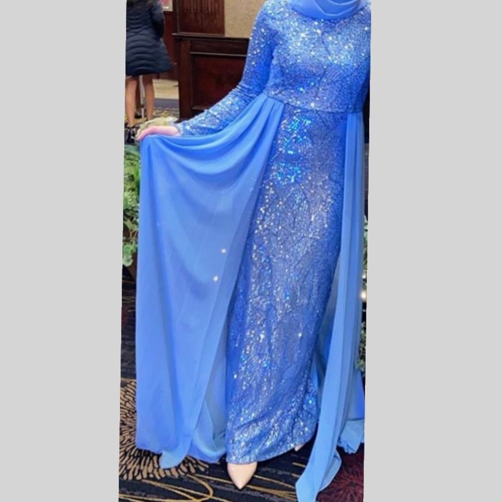 Evening MAXI Long Sleeve Turkish SparklyBlue Dress